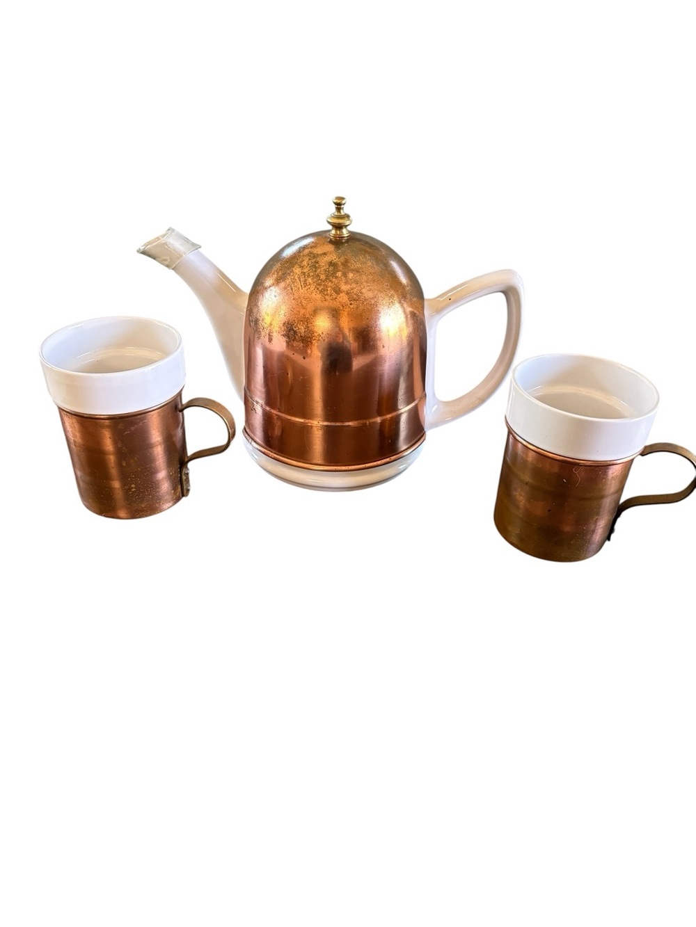 Vintage Copper & Ceramic Insulated Teapot w/ Mugs- Baker Hart & Stuart Set of 3